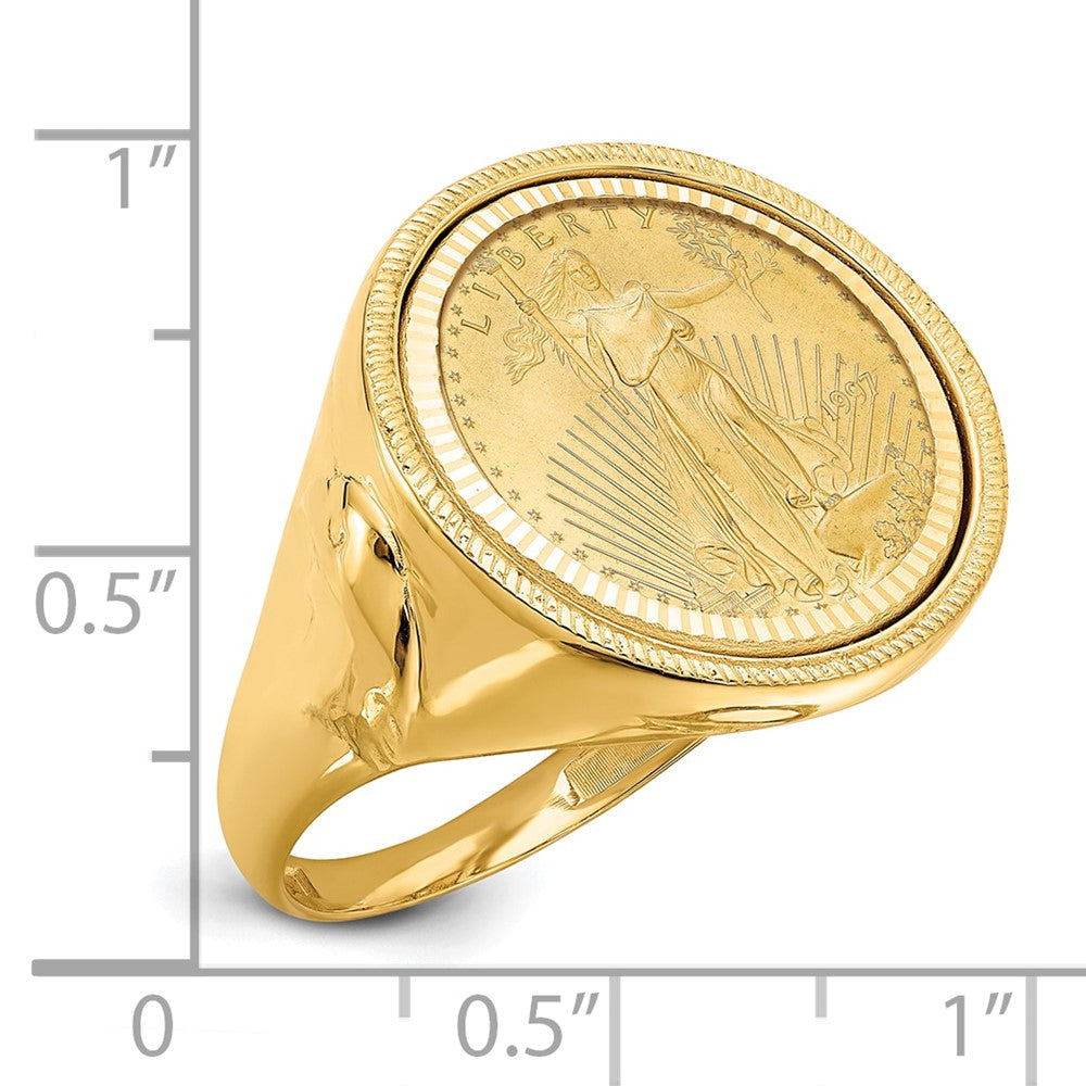 14K Yellow Gold Wideband Distinguished Coin Jewelry Men'S Polished Textured And Diamond Cut With Eagle Side Mounted 1/10Oz American Bezel Ring