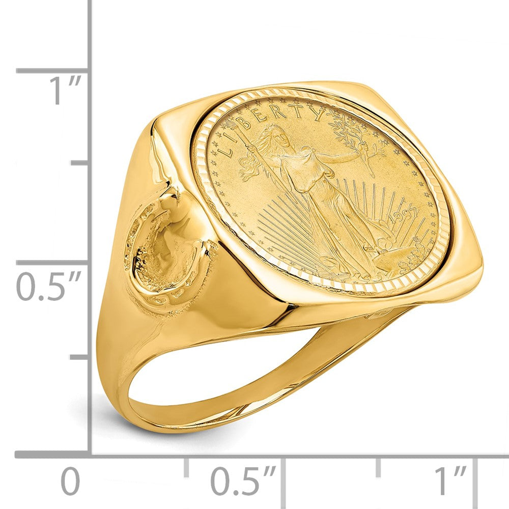 14K Yellow Gold Wideband Distinguished Coin Jewelry Men'S Polished And Diamond Cut With Horseshoe Sides Square Shaped Mounted 1/10Oz American Eagle Bezel Ring