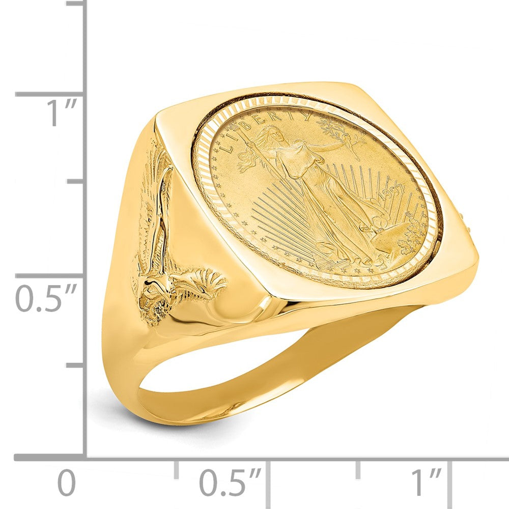 14K Yellow Gold Wideband Distinguished Coin Jewelry Men'S Polished And Diamond Cut With Flying Eagle Side Square Shaped Mounted 1/10Oz American Bezel Ring