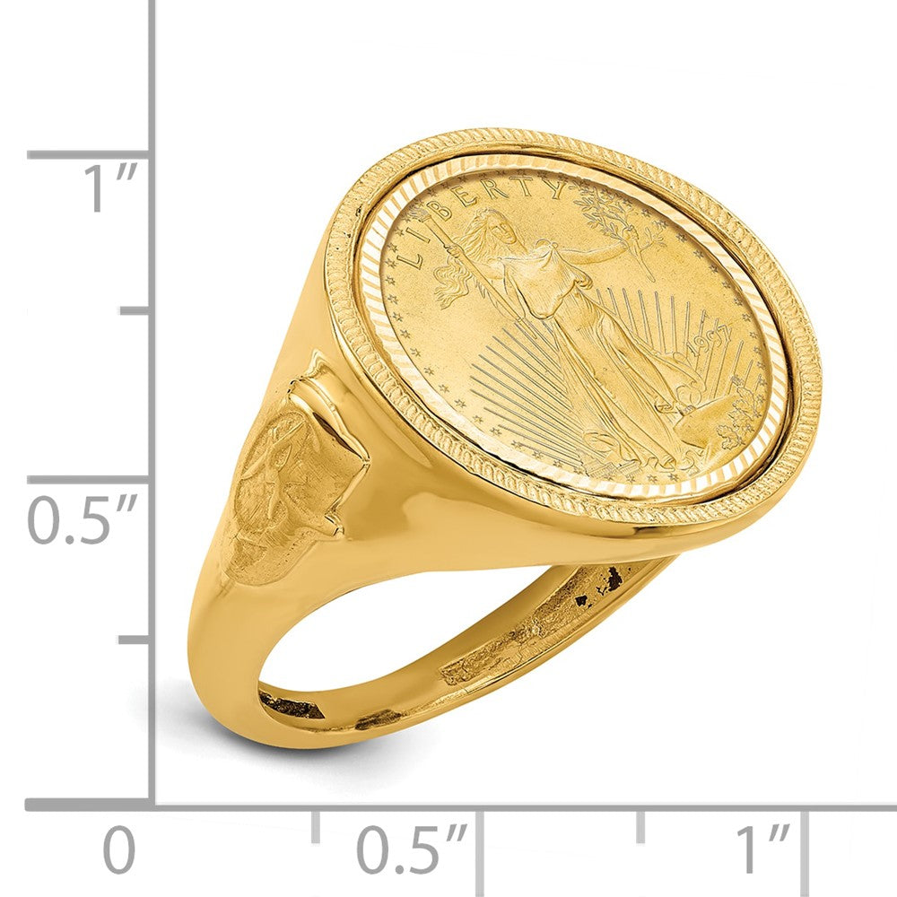 14K Yellow Gold Wideband Distinguished Coin Jewelry Men'S Polished Textured And Diamond Cut With Masonic Sides Mounted 1/10Oz American Eagle Bezel Ring