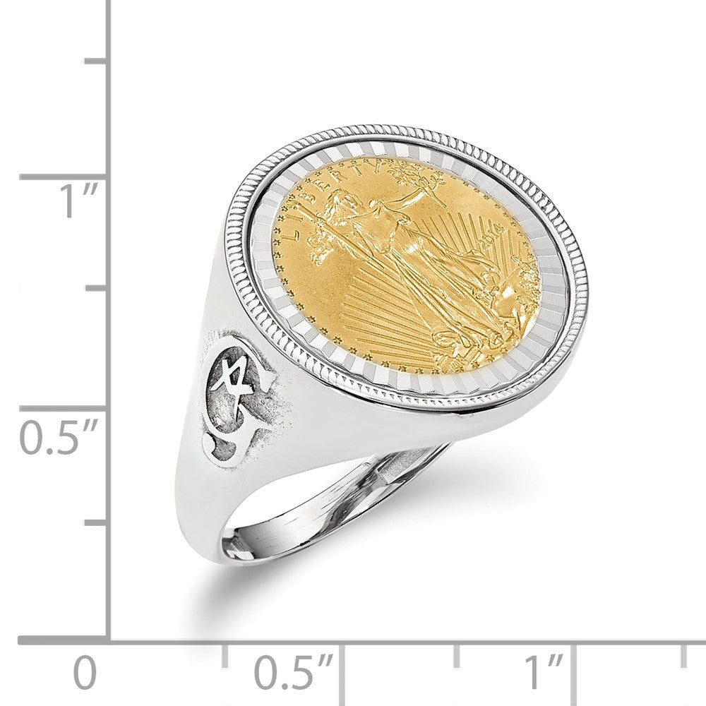 14K White Gold Wideband Distinguished Coin Jewelry Men'S Polished Textured And Diamond Cut With Masonic Sides Mounted 1/10Oz American Eagle Bezel Ring