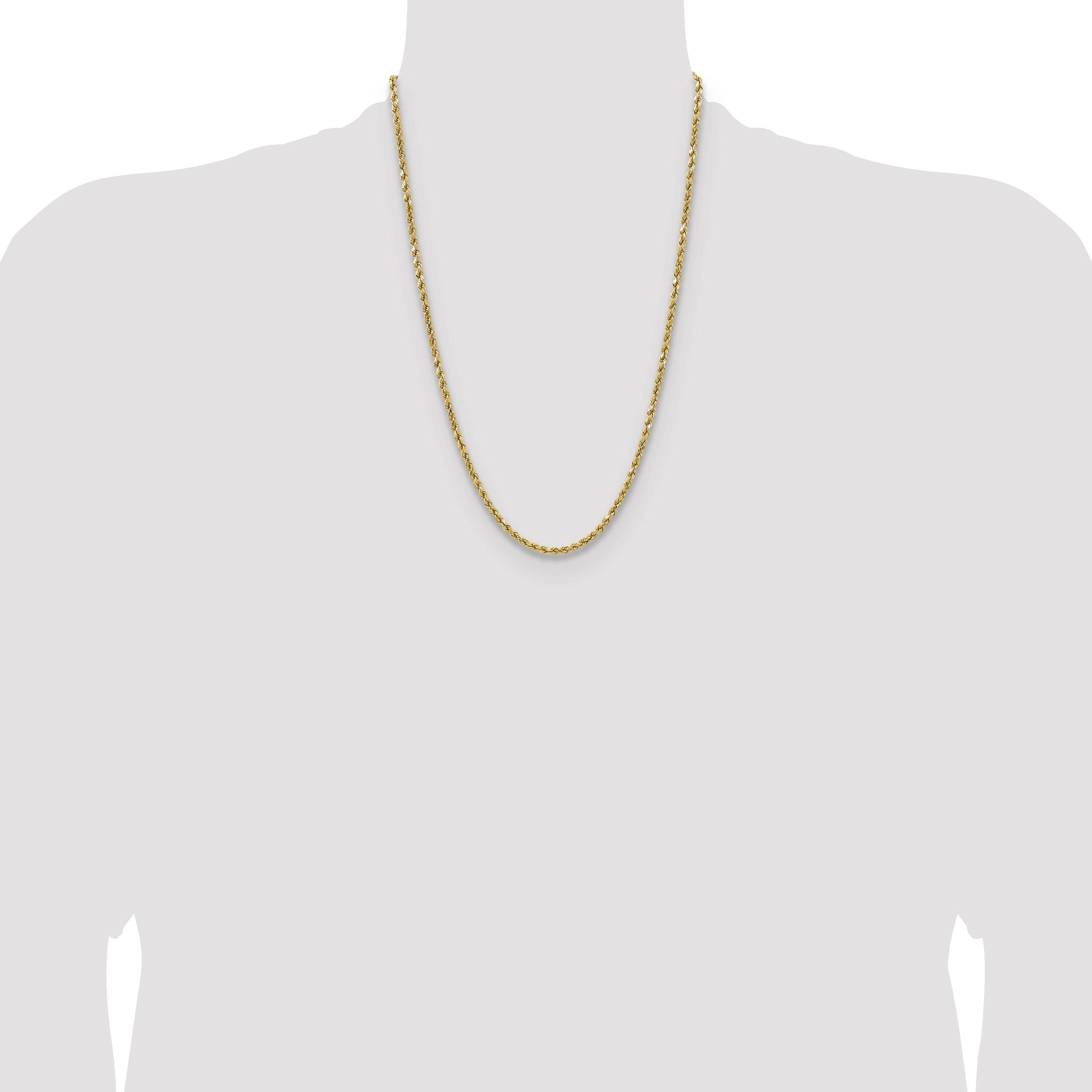 14K Yellow Gold 24 Inch 3.5mm Semi Solid Diamond-Cut Rope With Lobster Clasp Chain Necklace