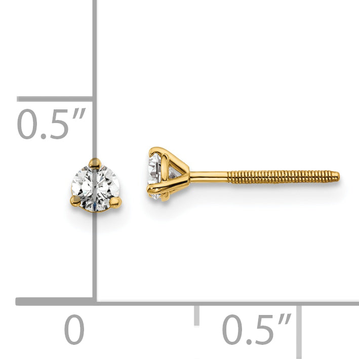 14K Yellow Gold 1/5 Ctw Lab Grown Diamond Vs+ F+ Round 3 Prong Heavy Wt. Screwback Stud Earrings