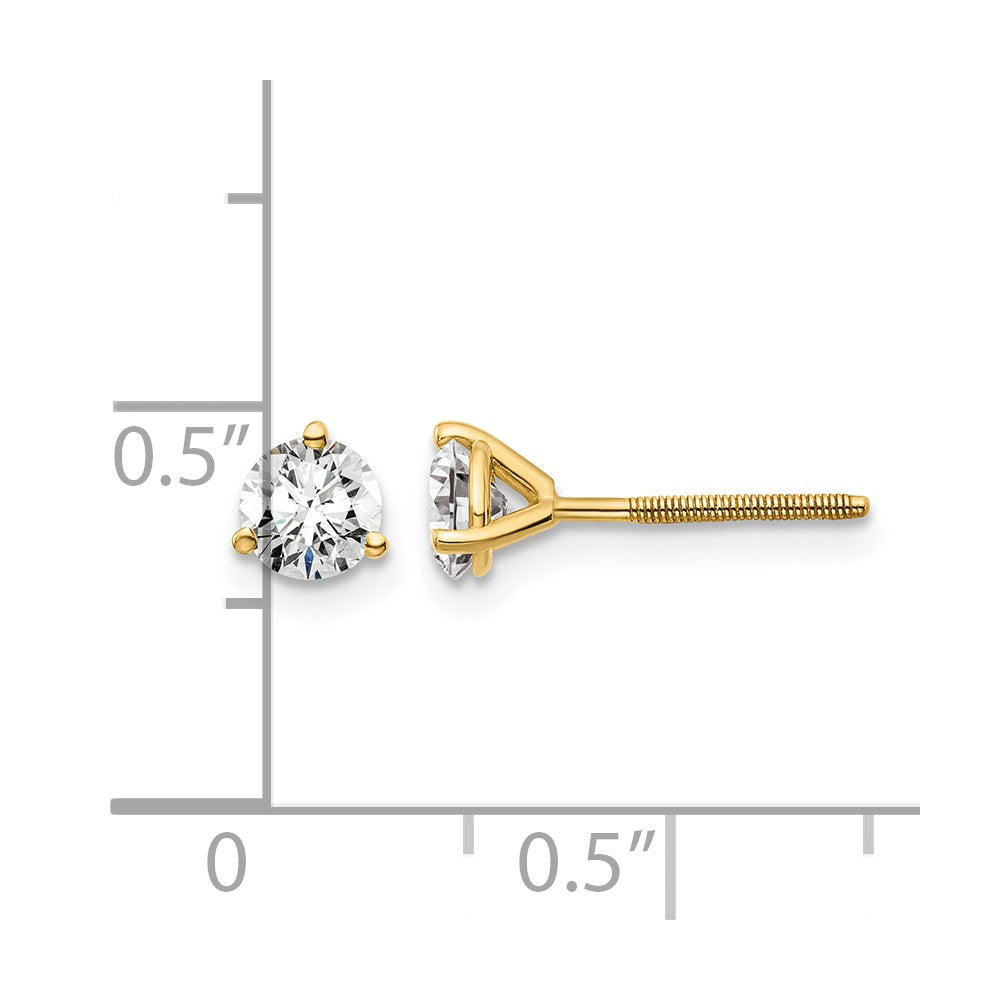 14k Yellow Gold 3/4 ct Lab Grown Diamond VS/SI+ G+ Round Three Prong Screwback Stud Post Earrings