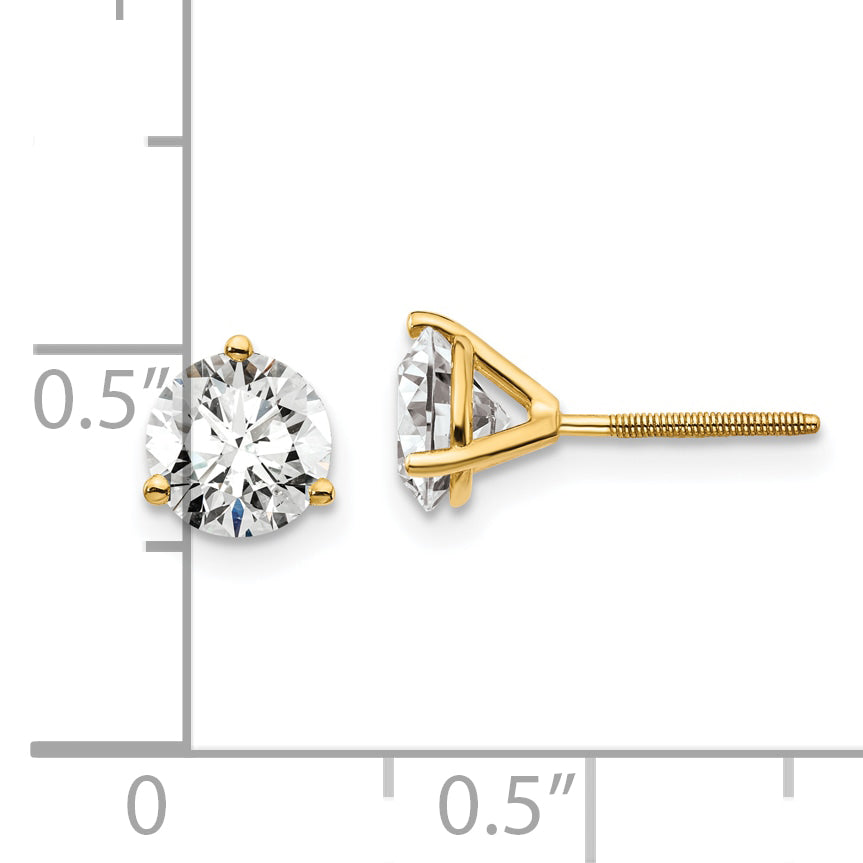 14K Yellow Gold 1 1/2 Ctw Lab Grown Diamond Vs+ F+ Round 3 Prong Heavy Wt. Screwback Stud Earrings