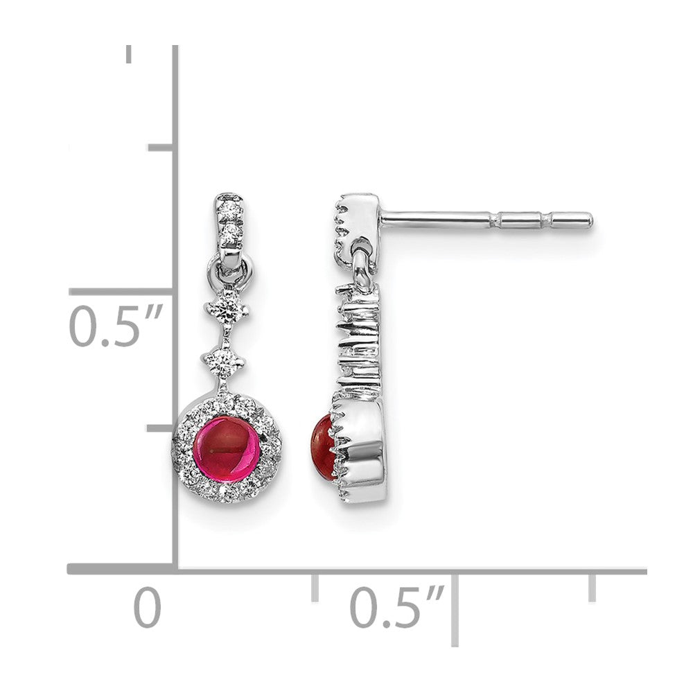 14k White Gold 1/6 Ct. Lab Grown Diamond VS/SI+ G+ and Cabochon Created Ruby Dangle Post Earrings