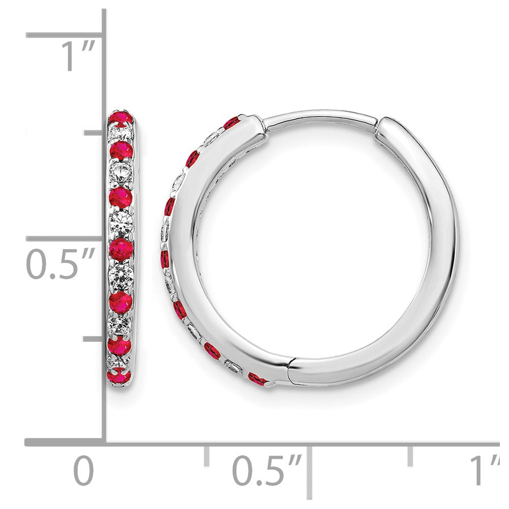 14k White Gold 1/5 Ct. Lab Grown Diamond VS/SI+ G+ and Created Ruby Hinged Hoop Earrings