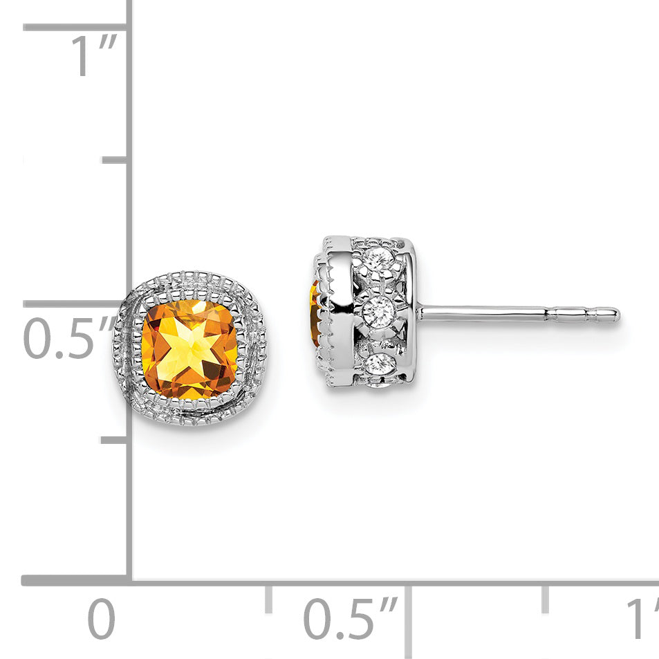 10K White Gold Cushion Citrine And Diamond Earrings