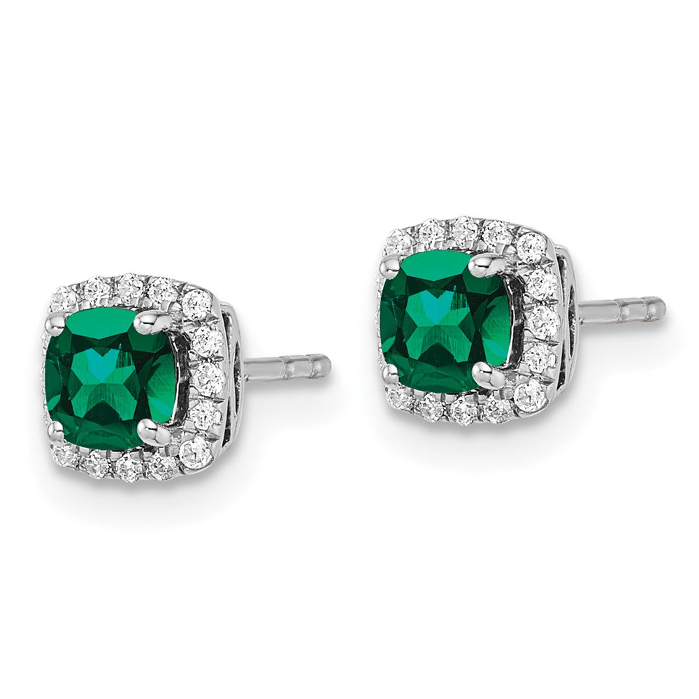 14k White Gold 1/10 Ct. Lab Grown Diamond VS/SI+ G+ and Created Emerald Square Halo Post Earrings
