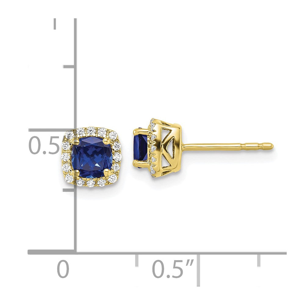 10k Yellow Gold 1/10 Ct. Lab Grown Diamond VS/SI+ G+ and Created Sapphire Square Halo Post Earrings