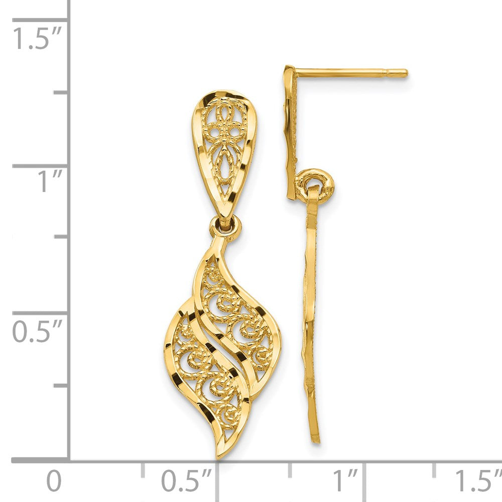 14K Yellow Gold Polished & Diamond-Cut Filigree Swirl Dangle Post Earrings