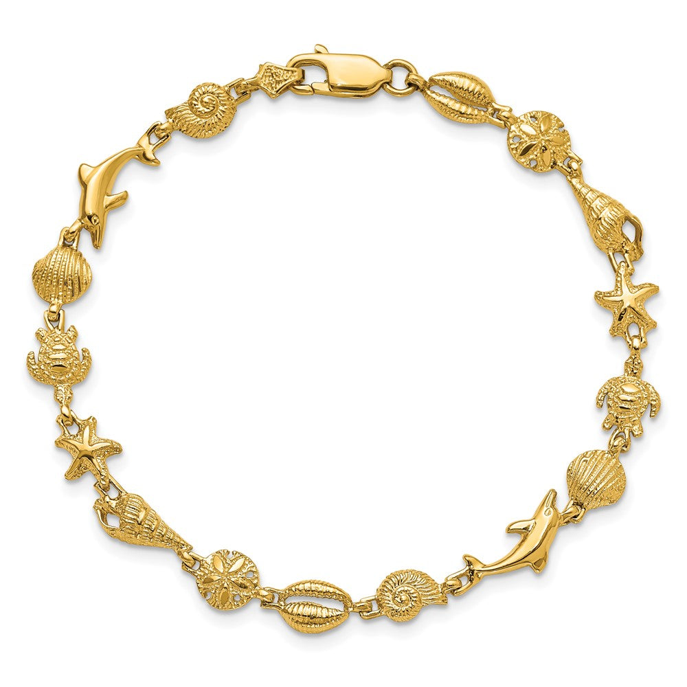 7.25 Inch 14K Gold Polished And Textured Sea Life Bracelet