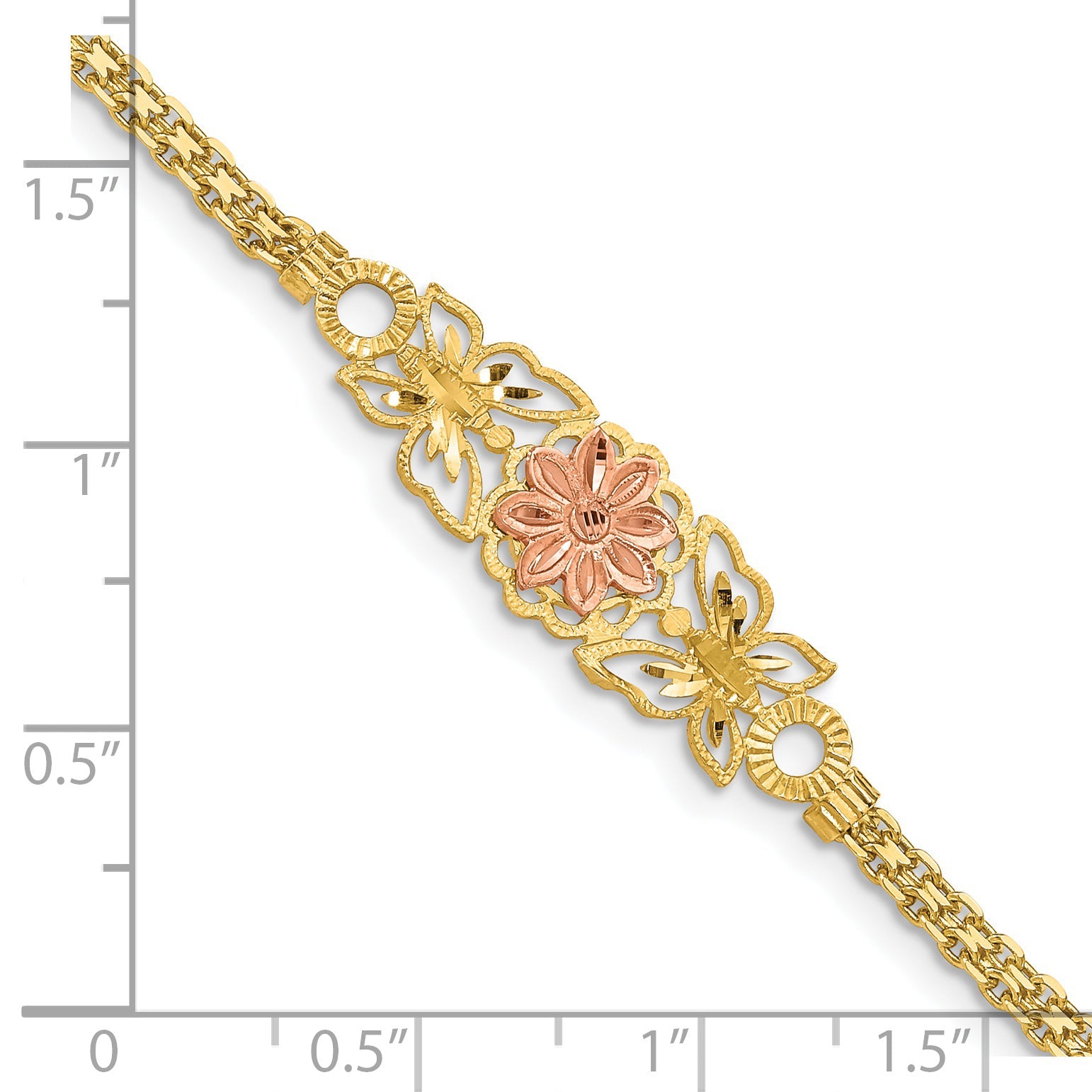 7 Inch 14K Two-Tone Brushed & Polished Butterfly Flowers Bracelet