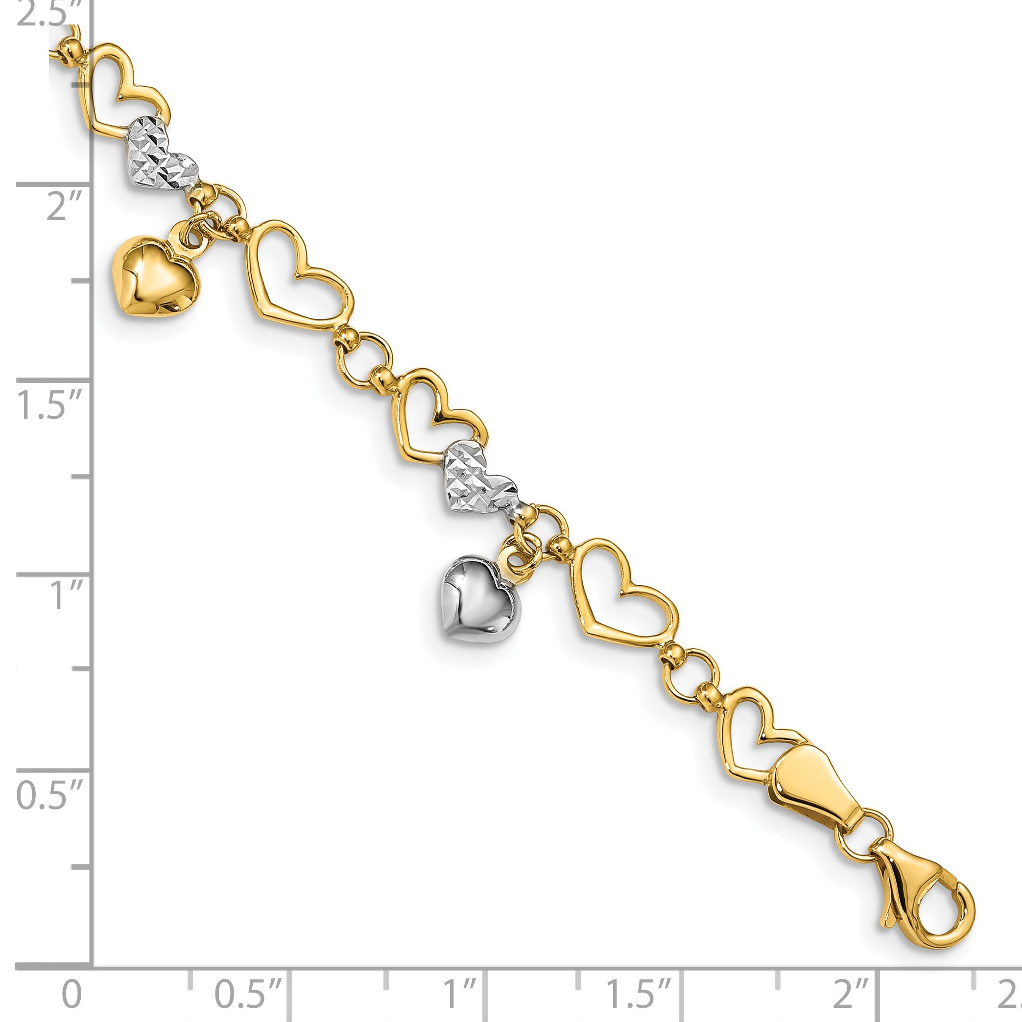 7.25 Inch 14K & White Rhodium Polished Heart D/C Bracelet