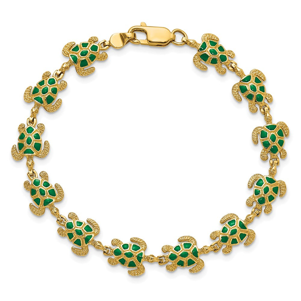 7 Inch 14K W/ Green Enamel Sea Turtle Bracelet