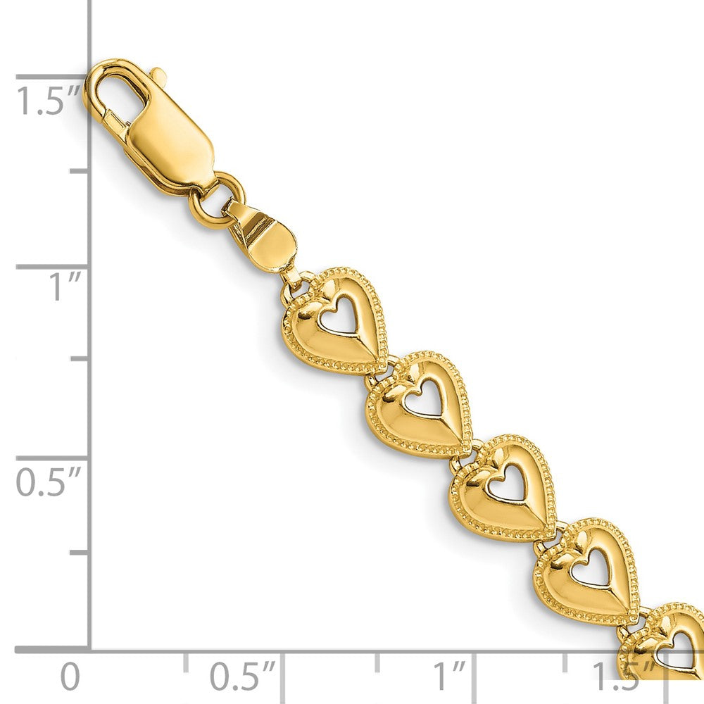 7 Inch 14K Polished Beaded Hearts Bracelet