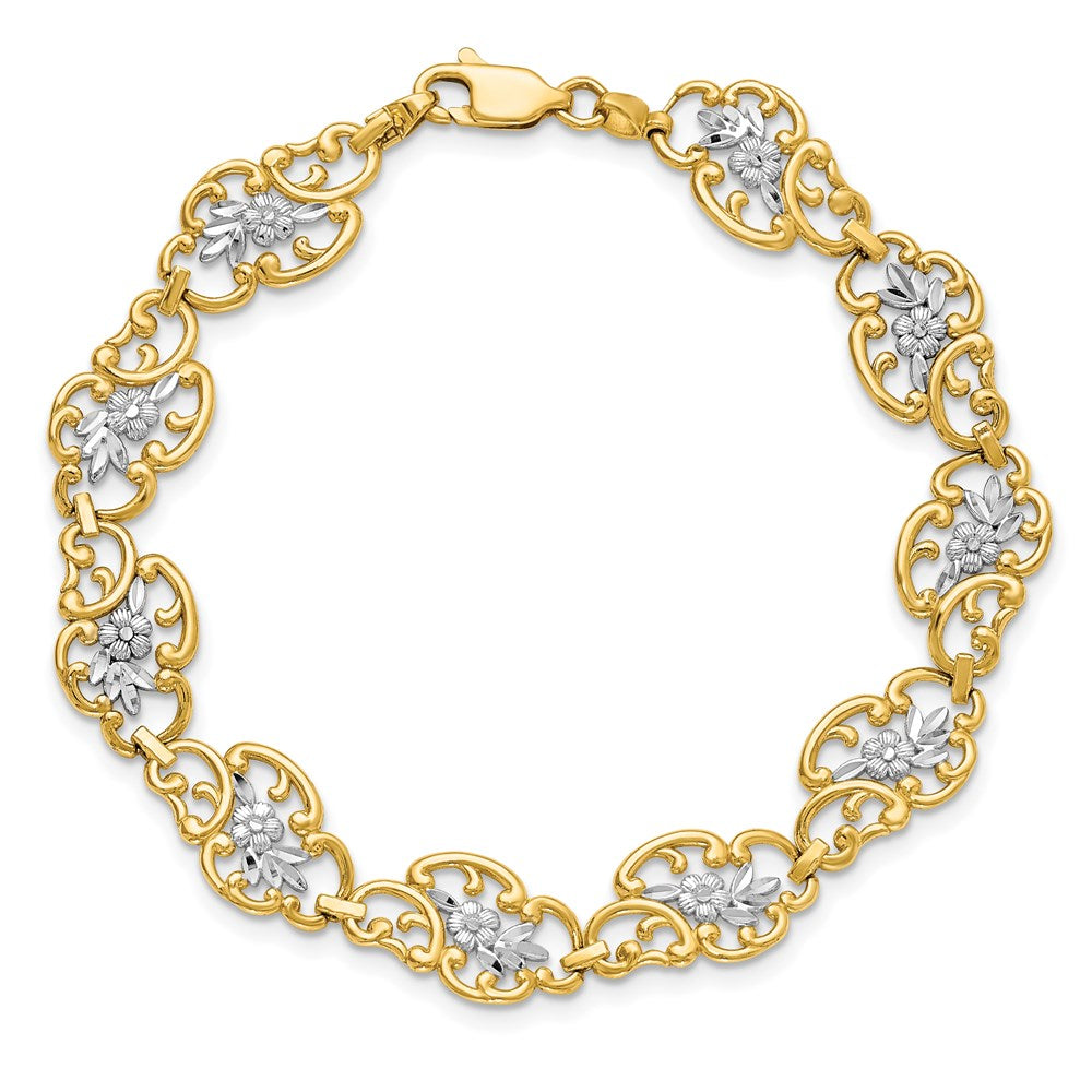 7.25 Inch 14K And White Rhodium Diamond-Cut Fancy Bracelet