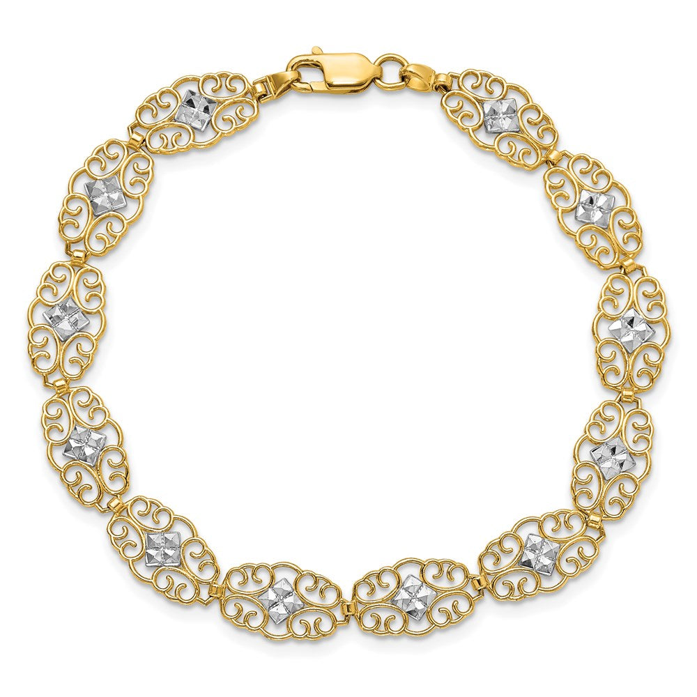 7.25 Inch 14K And White Rhodium Diamond-Cut Fancy Bracelet