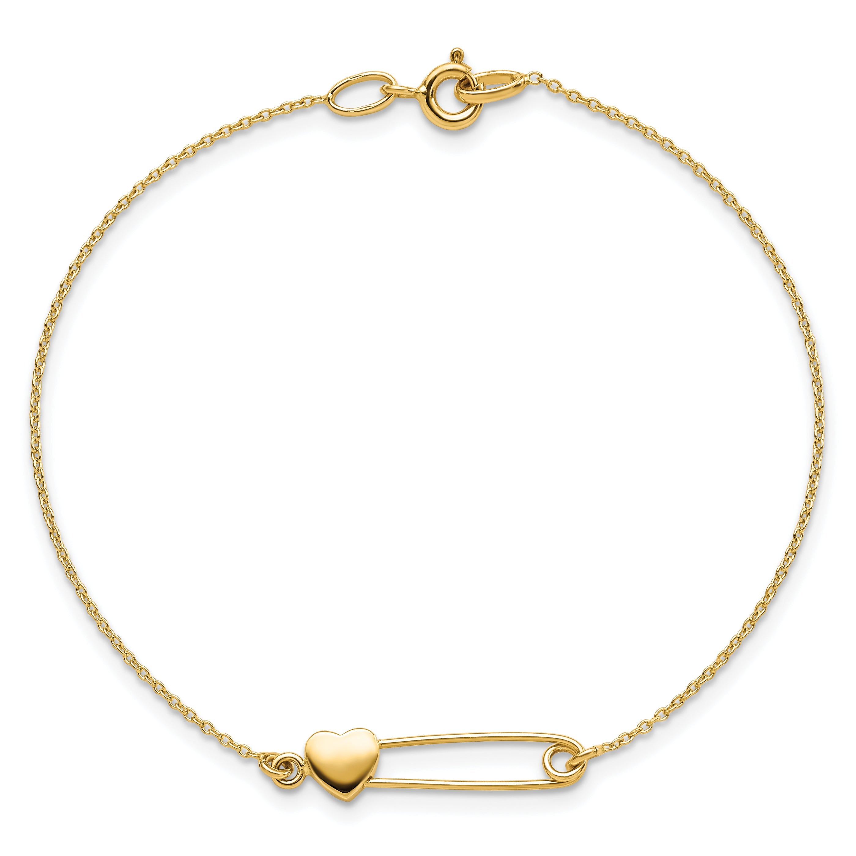 14K Yellow Gold Safety Pin With Heart Bracelet