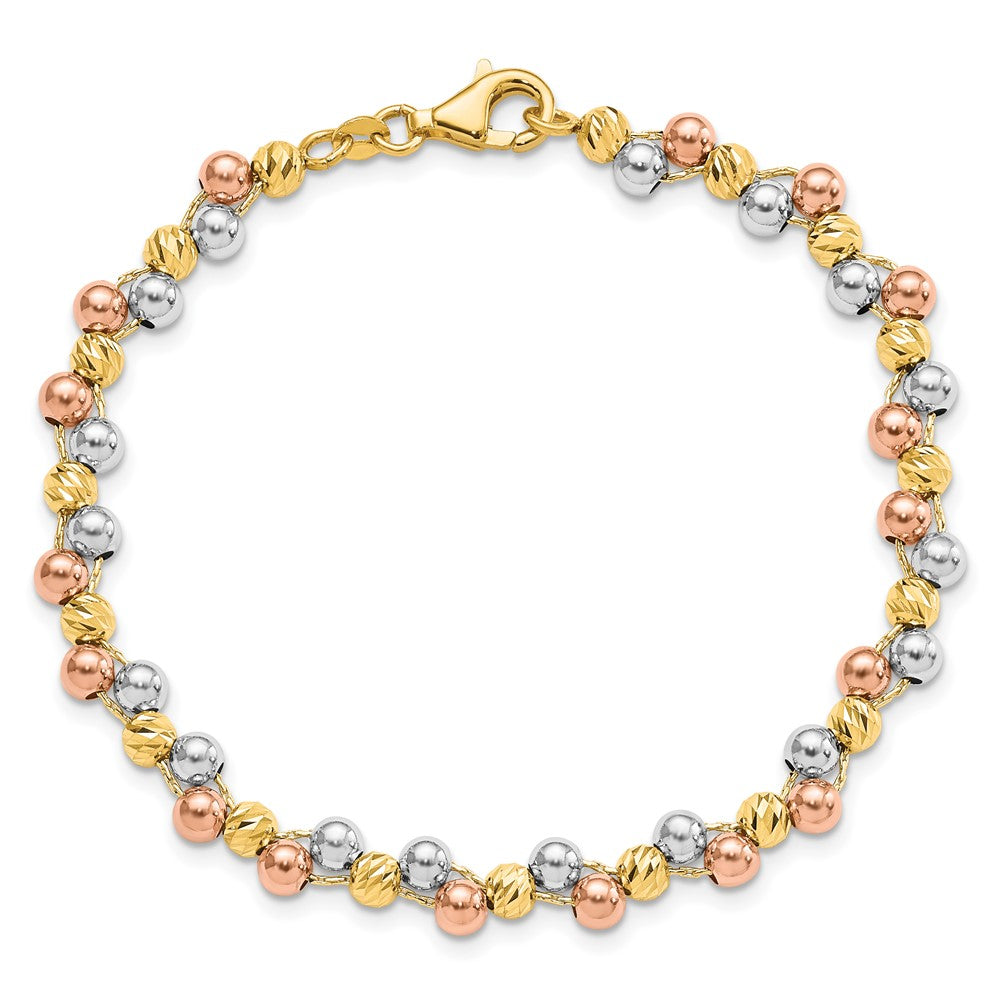 7.5 Inch 14K Tri Color Polished And D/C Beaded Bracelet