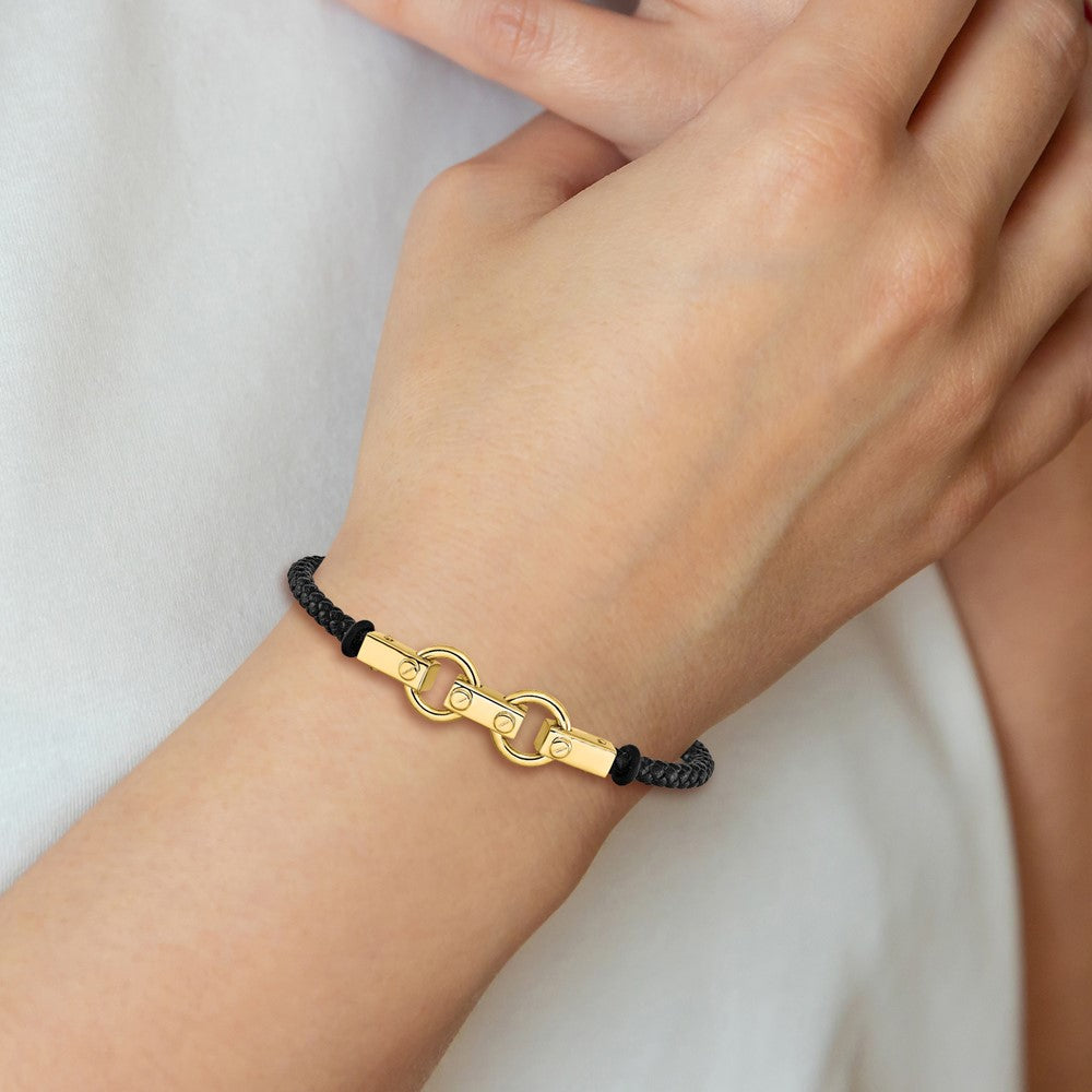 8 Inch 14K Polished Fancy Link Leather Bracelet