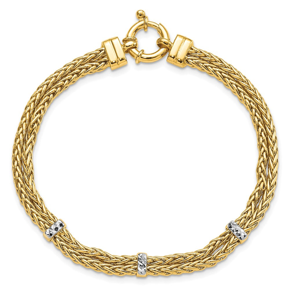 7.5 Inch 14K W/Rhodium Polished Double Wheat Chain Bracelet