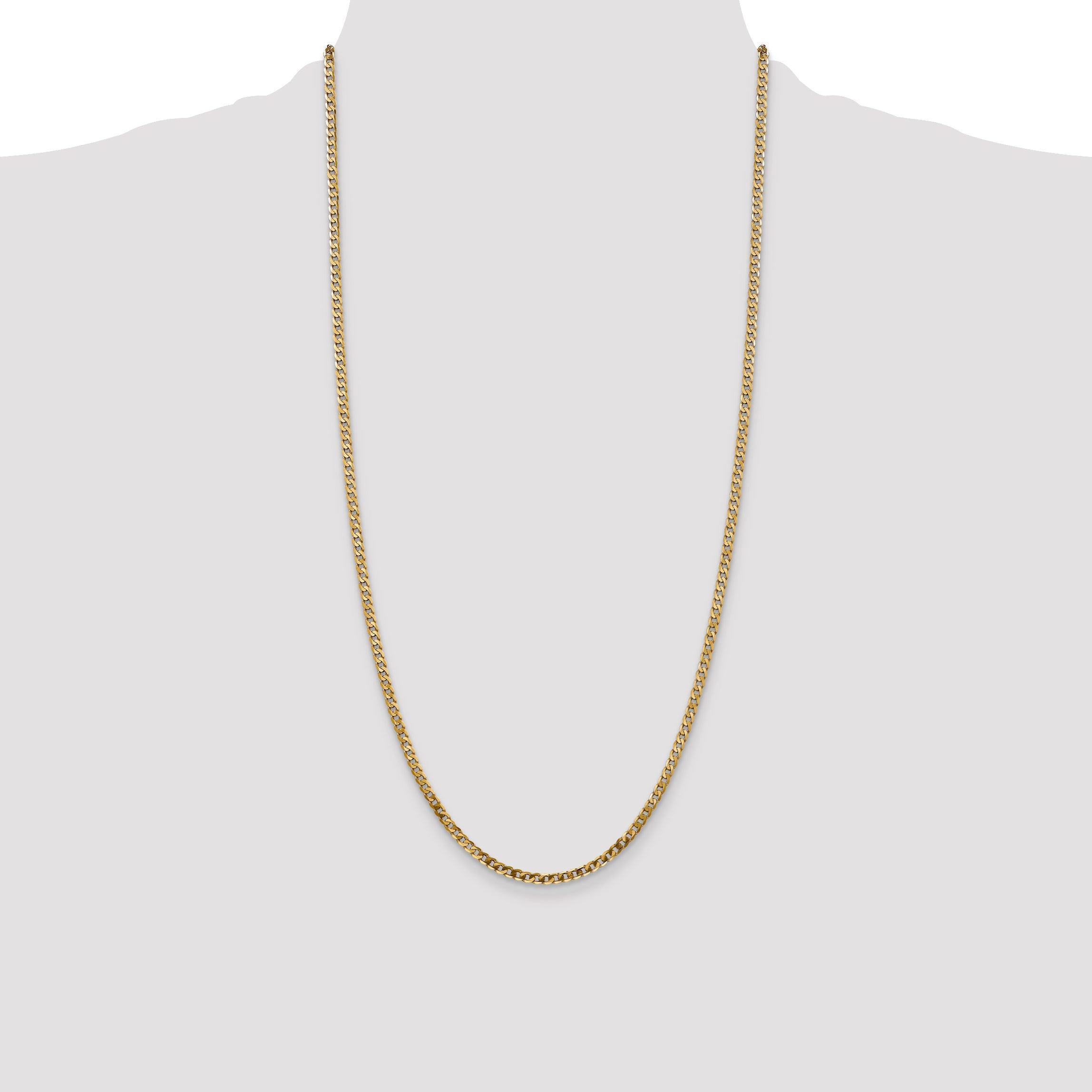 14K Yellow Gold 28 Inch 2.9mm Flat Beveled Curb With Lobster Clasp Chain Necklace