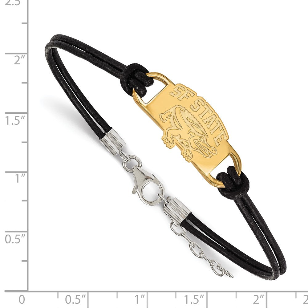 Gold Plated Sterling Silver Logoart San Francisco State University Black Leather 7 Inch Bracelet With Extender