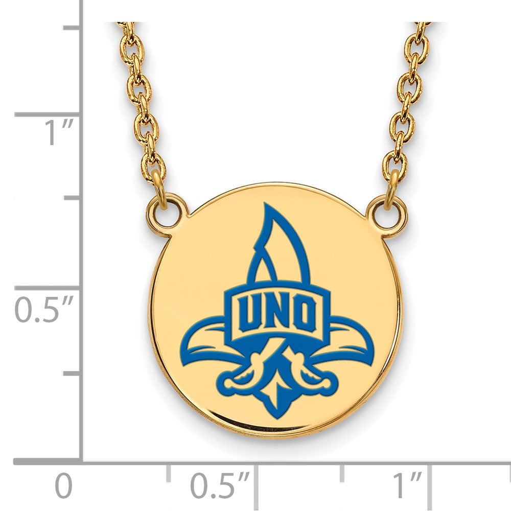 Gold Plated Sterling Silver Logoart University Of New Orleans Privateers Large Enameled Disc 18 Inch Necklace