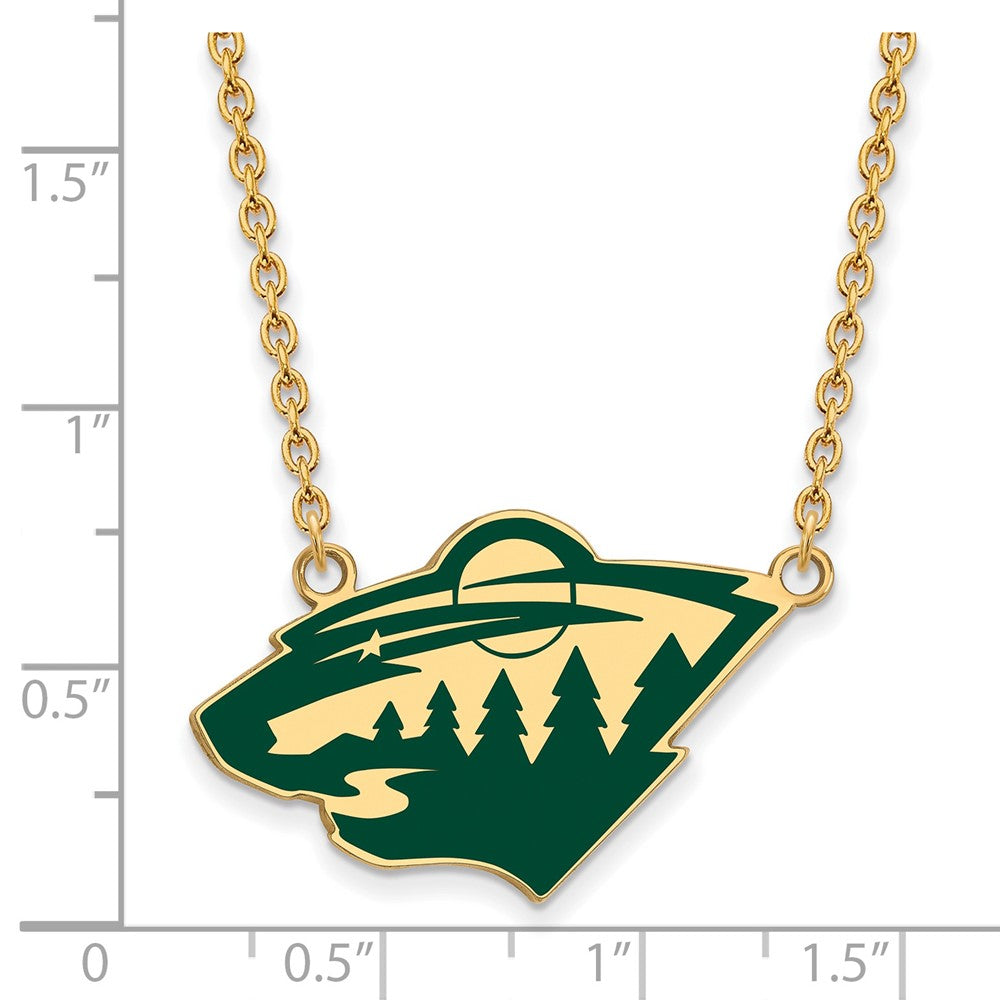 Gold Plated Sterling Silver Nhl Logoart Minnesota Wild Large Enameled Pendant 18 Inch Necklace