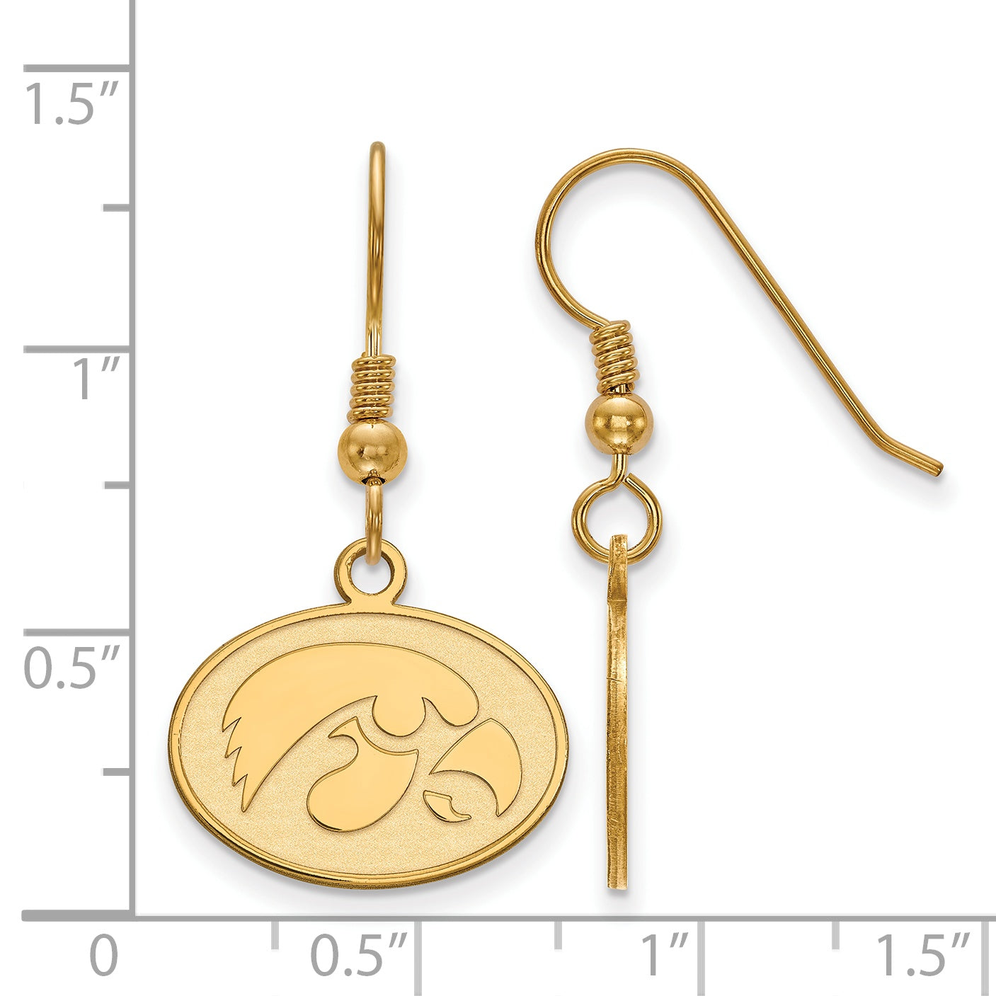 Gold Plated Sterling Silver Logoart University Of Iowa Hawk Small Oval Dangle Wire Earrings