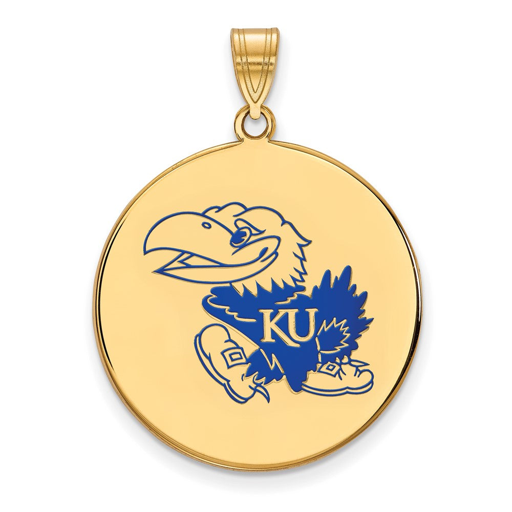 Gold Plated Sterling Silver Logoart University Of Kansas Jayhawk Extra Large Enameled Disc Pendant