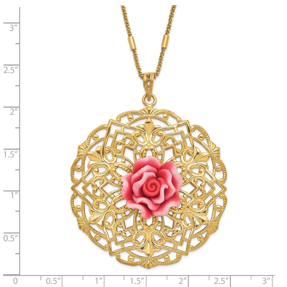 Sterling Silver Gold Tone Polished & Textured Resin Rose Circle Necklace