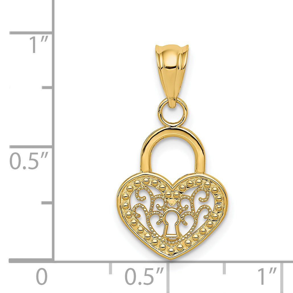14K Yellow Gold Polished Filigree Heart Lock Charm