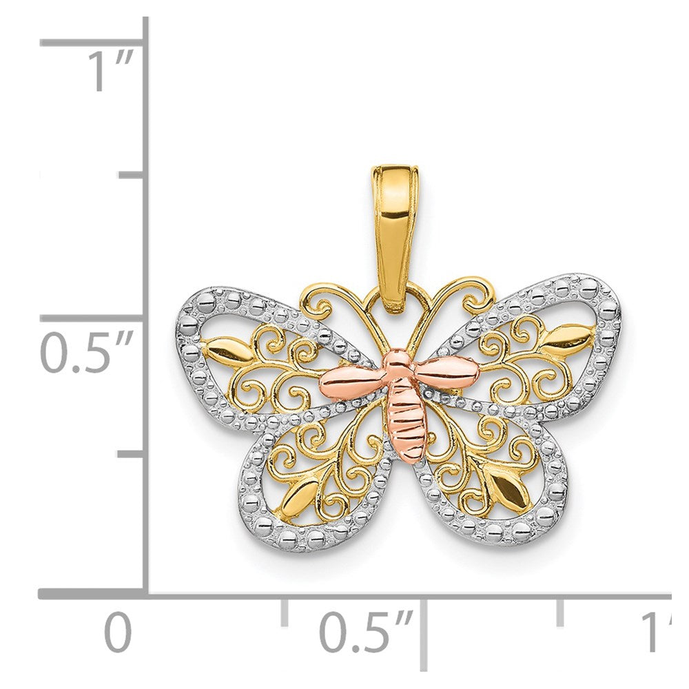 14K Two-Tone W/White Rhodium Diamond-Cut Butterfly Pendant