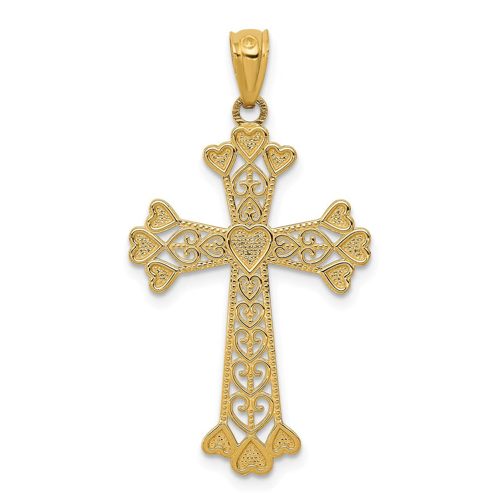 14K Yellow Gold Diamond-Cut Polished Filigree Hearts Cross Pendant