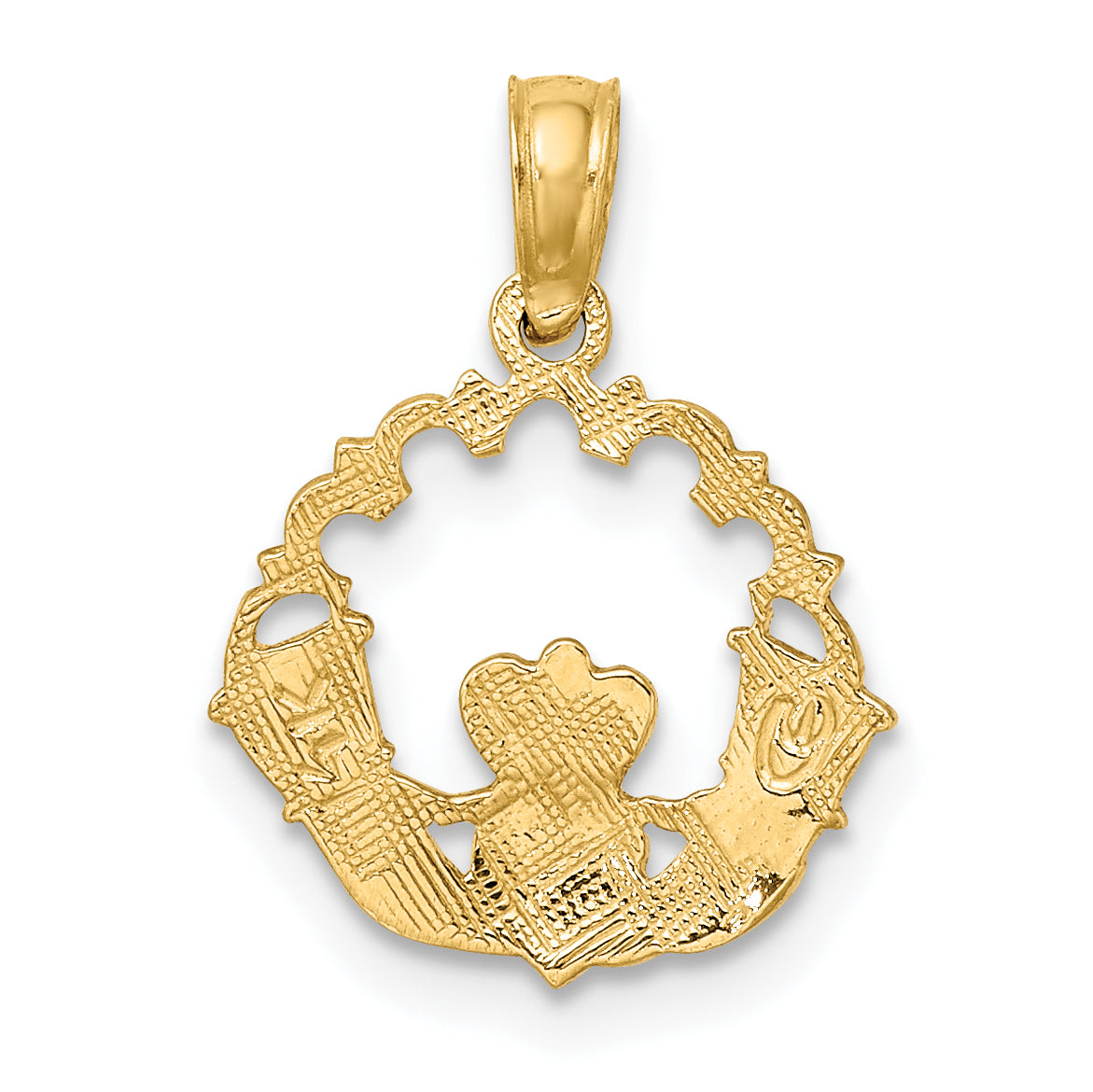 14K Yellow Gold Engraved Claddagh In Scallop Circle Charm