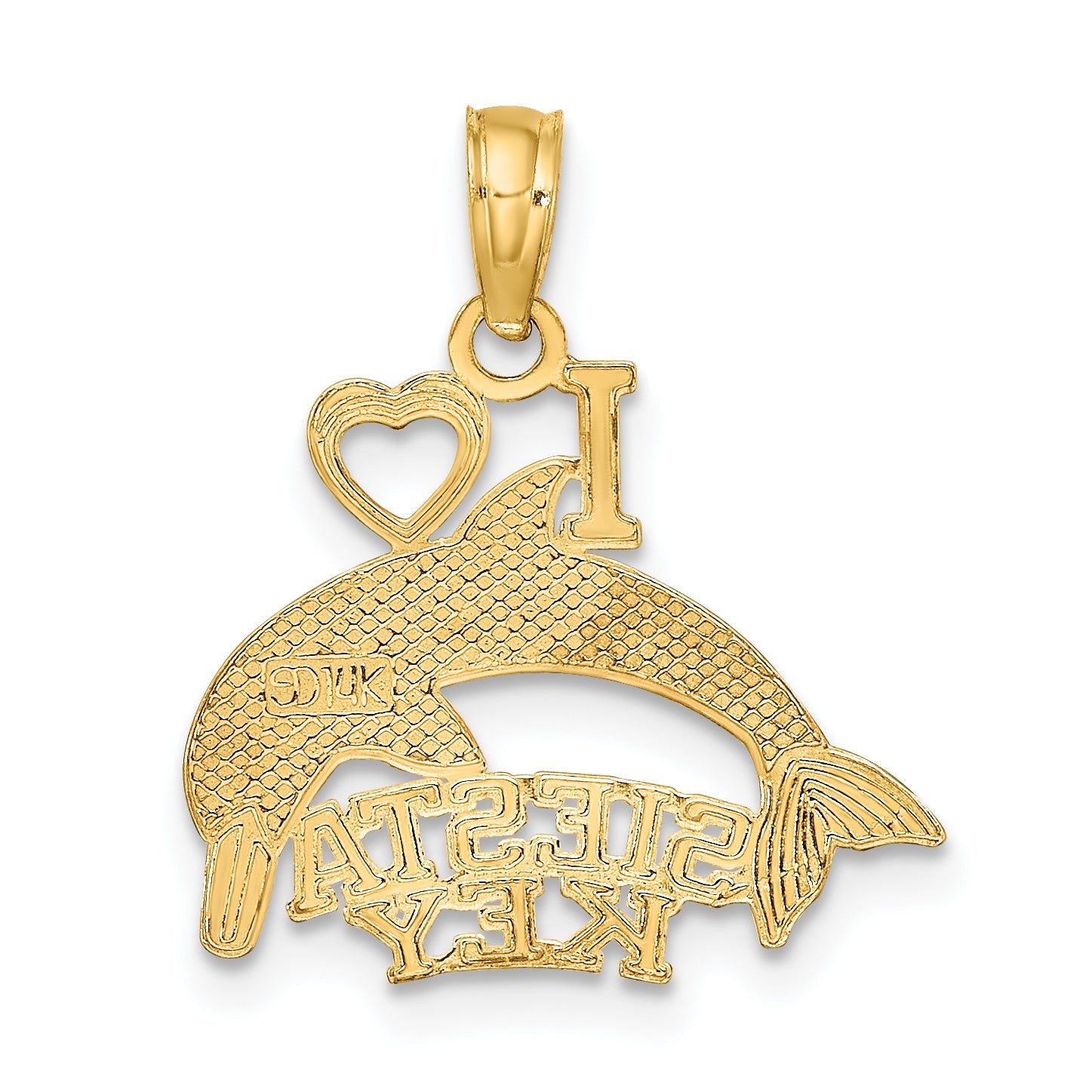 14K Yellow Gold I Heart Siesta Key With Dolphin Charm