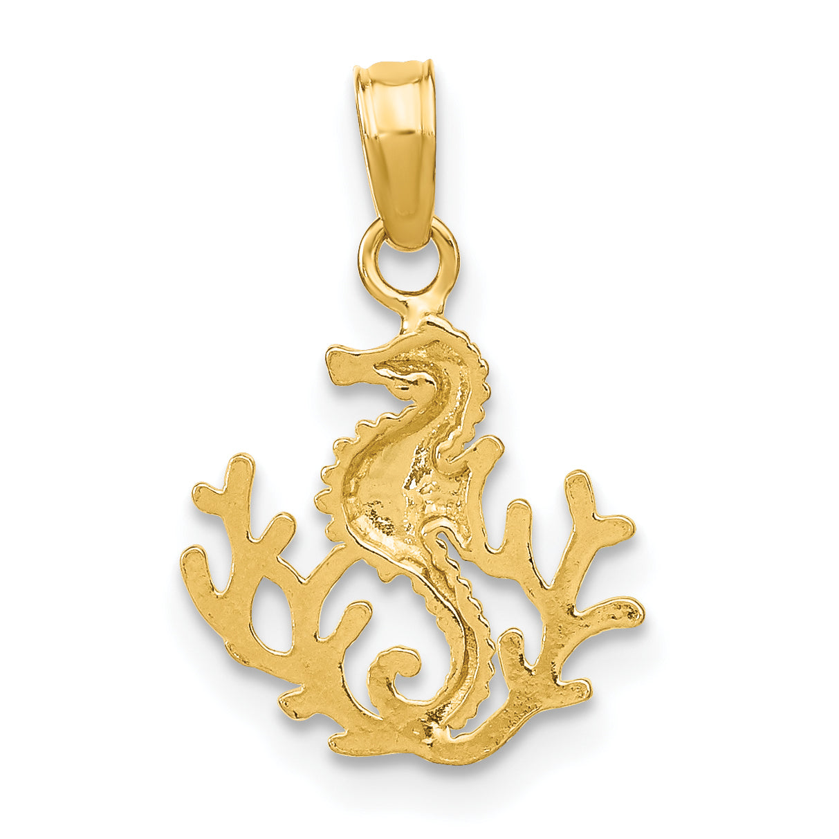 14K Yellow Gold Textured Mini Seahorse And Coral Charm