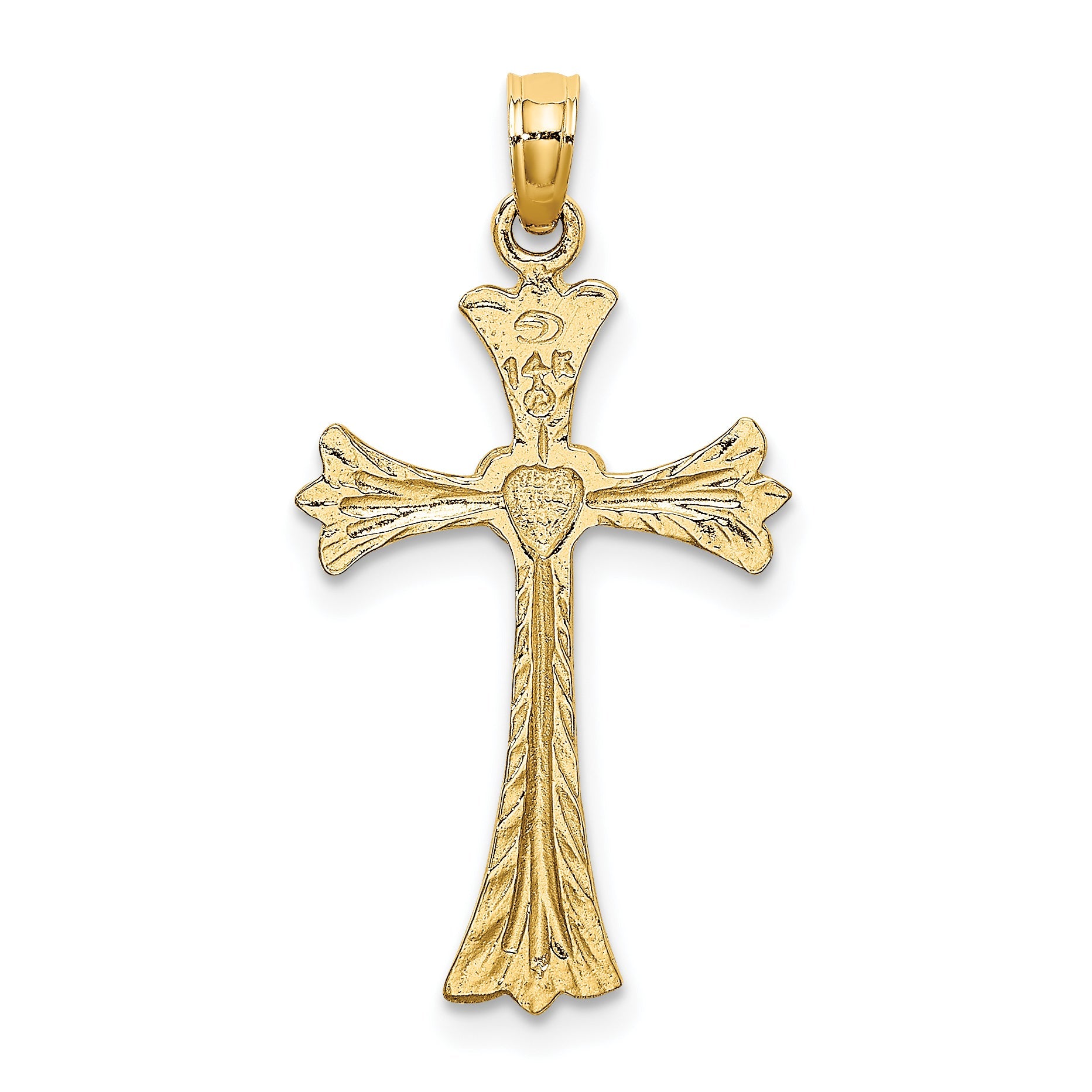 14K Yellow Gold Polished And Engraved Cross W/ Heart Charm