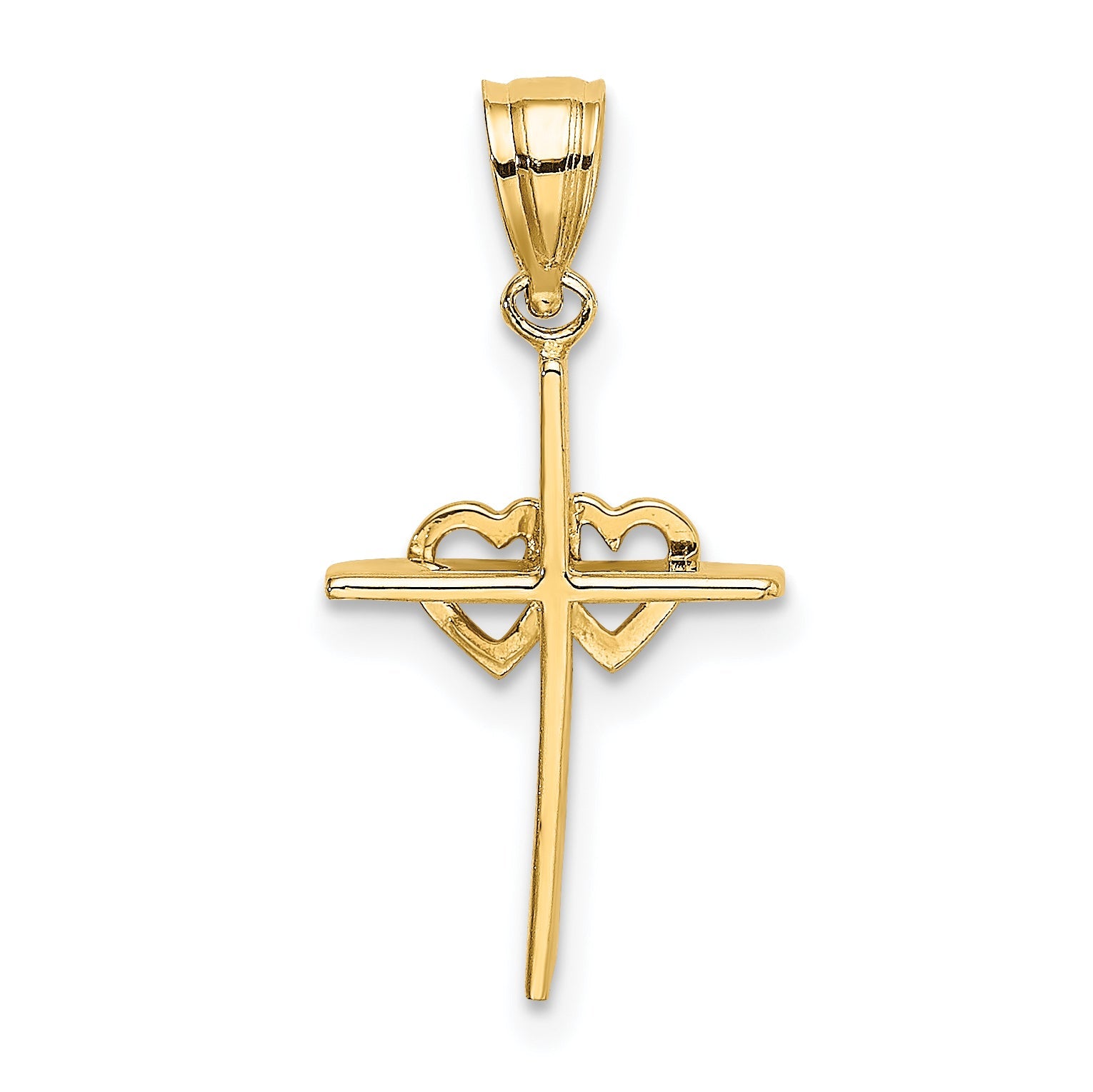 14K Yellow Gold Polished Double Hearts On Stick Cross Charm