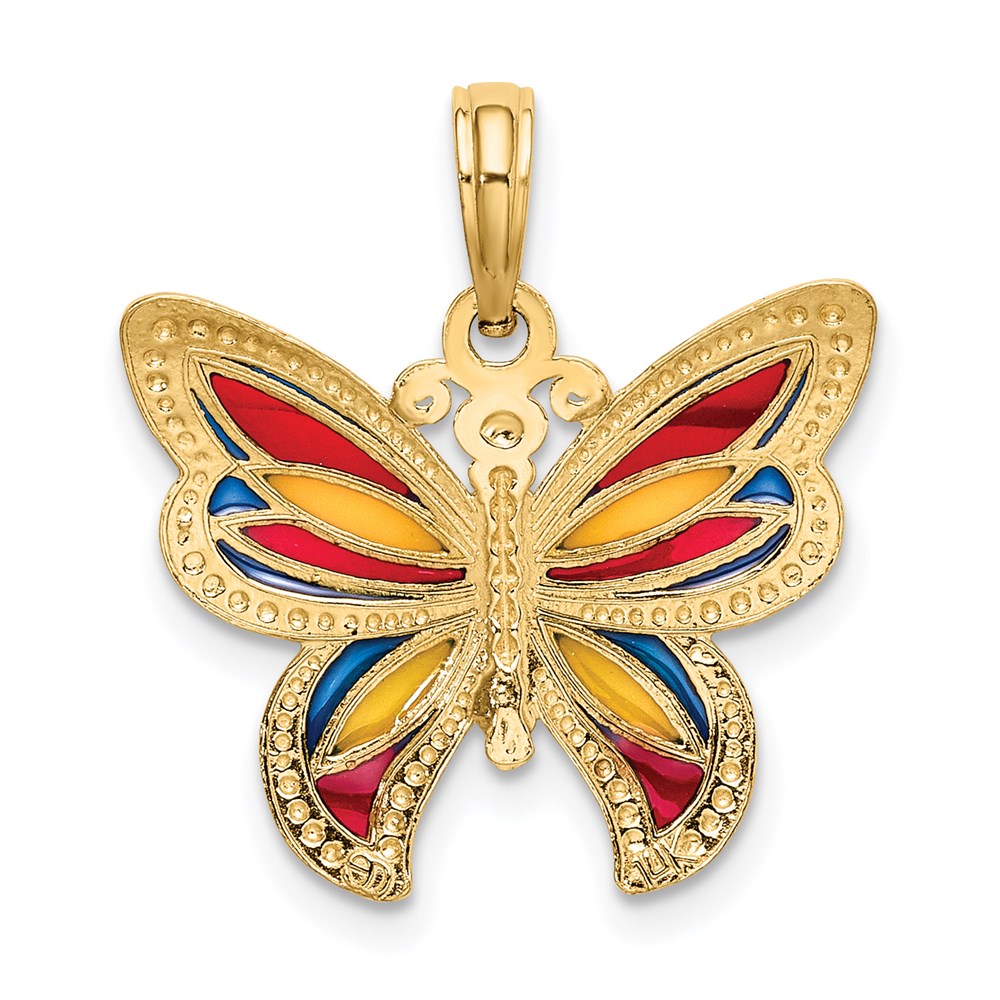 14K Yellow Gold W/Multi-Color Enameled Beaded Wings Butterfly Charm