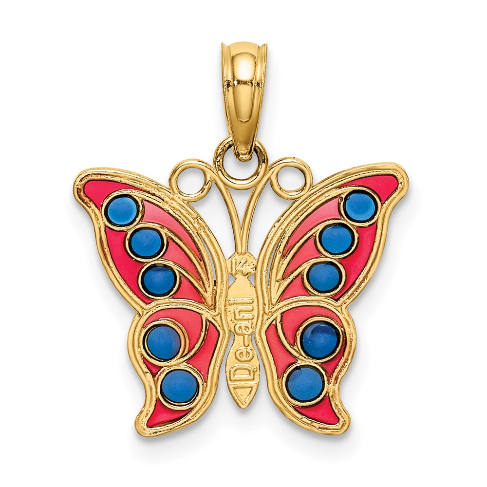14K Yellow Gold W/ Red And Blue Enamel Filigree Butterfly Charm