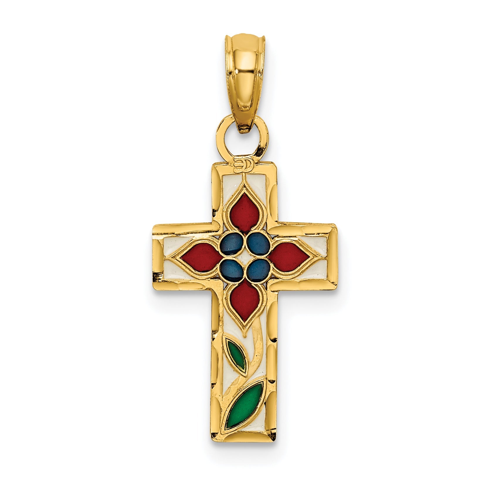 14K Yellow Gold Enameled W/ Flower Cross Charm