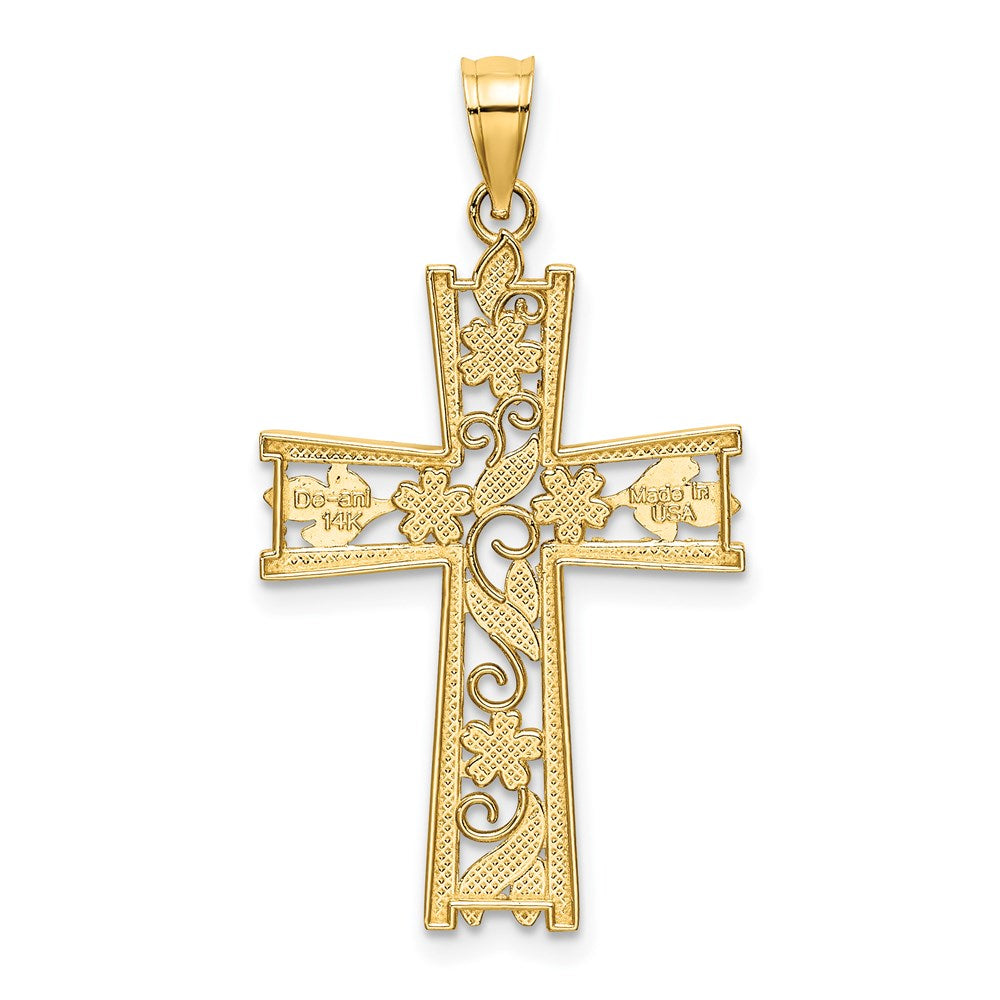 14K Yellow & Rhodium W/ And D/C Flower Design Cross Charm