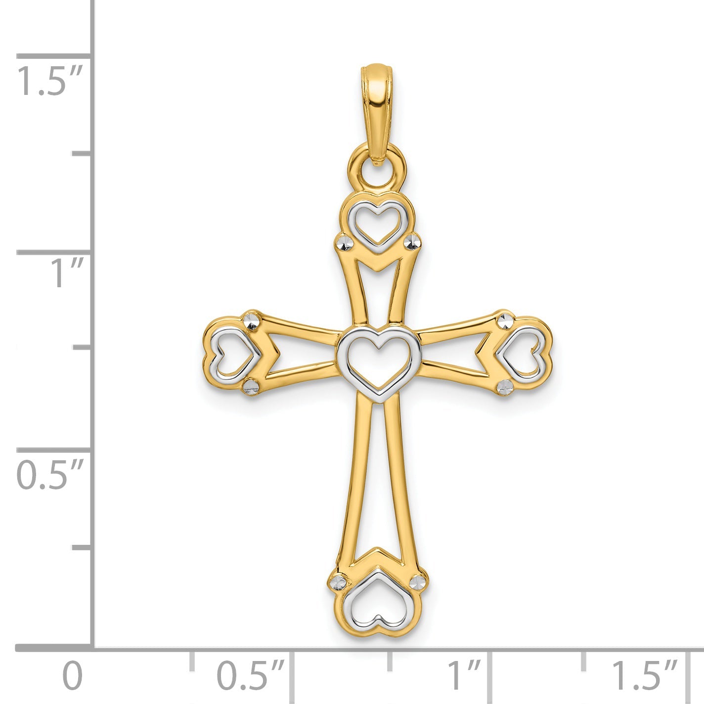 14K Yellow & Rhodium W/Rhodium D/C Cross W/Hearts Pendant