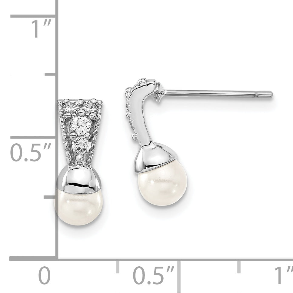 Fashion Kelly Waters Silver Tone Rhodium Plated White Simulated Pearl & Cz Post Dangle Earrings