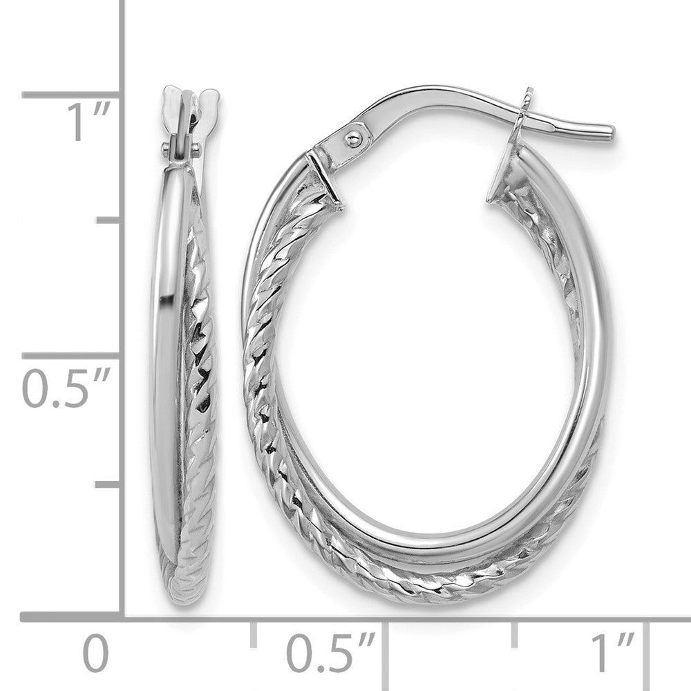 14K White Gold Polished Textured Oval Hoop Earrings
