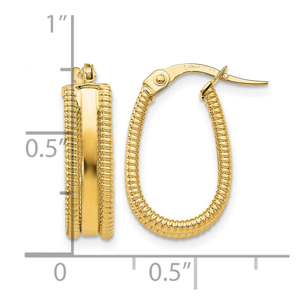 14K Yellow Gold Polished Textured Oval Hoop Earrings
