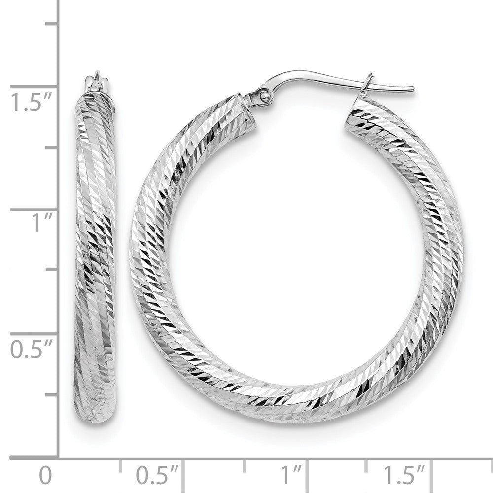 14K White Gold 4X25 D/C Round Hoop Earrings